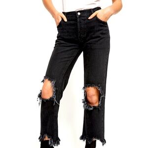 FREE PEOPLE: DISTRESSED BLACK MAGGIE JEANS